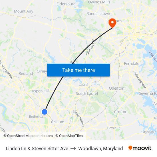 Linden Ln & Steven Sitter Ave to Woodlawn, Maryland map