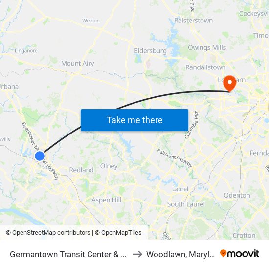 Germantown Transit Center & Bay F to Woodlawn, Maryland map