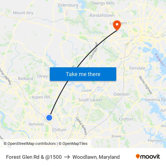 Forest Glen Rd & @1500 to Woodlawn, Maryland map