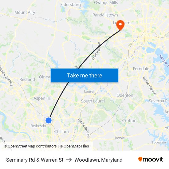 Seminary Rd & Warren St to Woodlawn, Maryland map