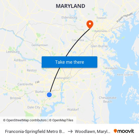 Franconia-Springfield Metro Bay H to Woodlawn, Maryland map