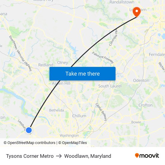 Tysons Corner Metro to Woodlawn, Maryland map