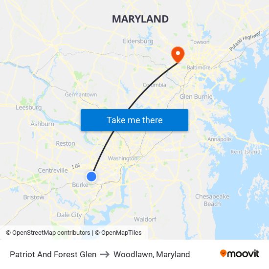 Patriot And Forest Glen to Woodlawn, Maryland map