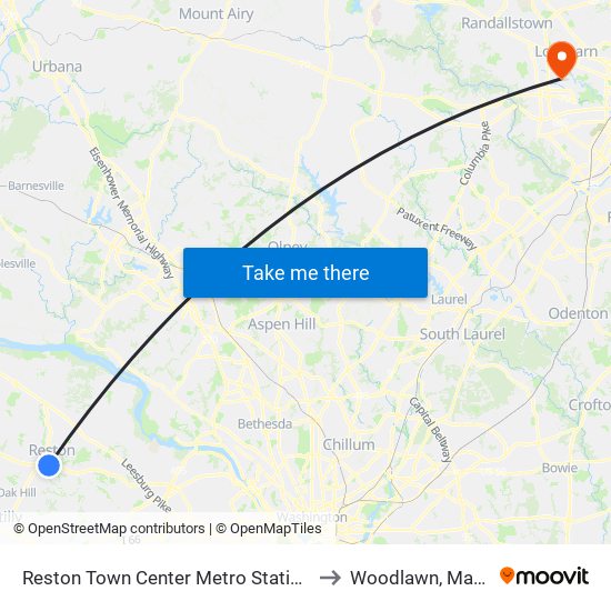 Reston Town Center Metro Station S Bay B to Woodlawn, Maryland map