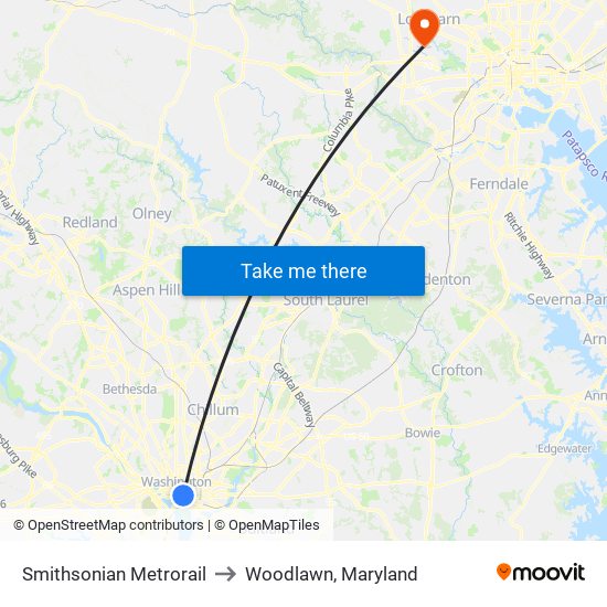 Smithsonian Metrorail to Woodlawn, Maryland map