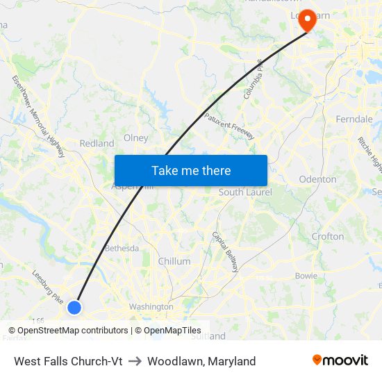 West Falls Church-Vt to Woodlawn, Maryland map