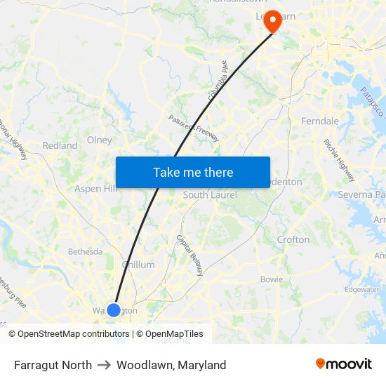 Farragut North to Woodlawn, Maryland map