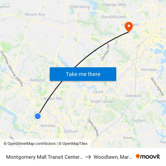 Montgomery Mall Transit Center & Bay E to Woodlawn, Maryland map