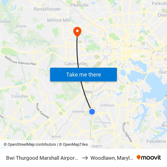 Bwi Thurgood Marshall  Airport, Md to Woodlawn, Maryland map