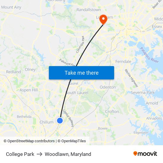 College Park to Woodlawn, Maryland map