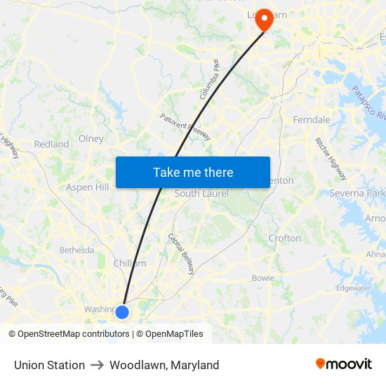 Union Station to Woodlawn, Maryland map