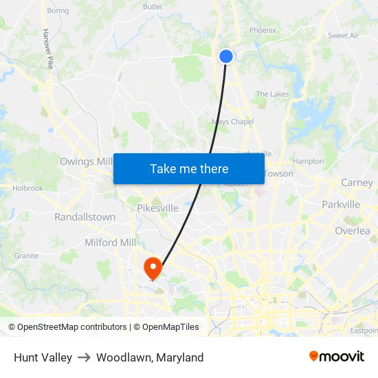 Hunt Valley to Woodlawn, Maryland map