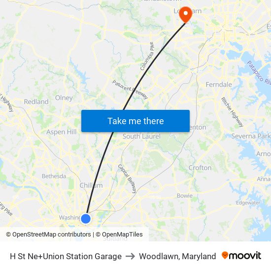 H St Ne+Union Station Garage to Woodlawn, Maryland map