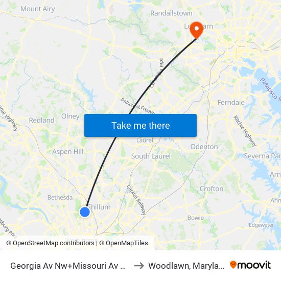 Georgia Av Nw+Missouri Av NW to Woodlawn, Maryland map