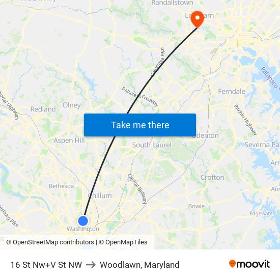 16 St Nw+V St NW to Woodlawn, Maryland map