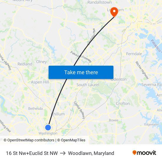 16 St Nw+Euclid St NW to Woodlawn, Maryland map