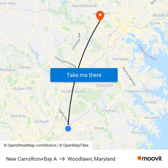 New Carrollton+Bay A to Woodlawn, Maryland map