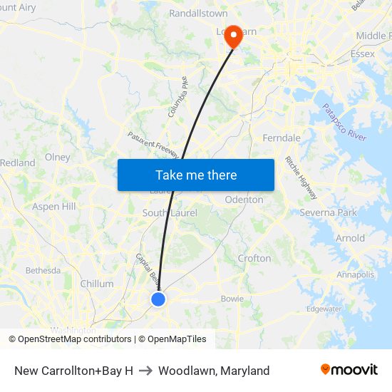 New Carrollton+Bay H to Woodlawn, Maryland map