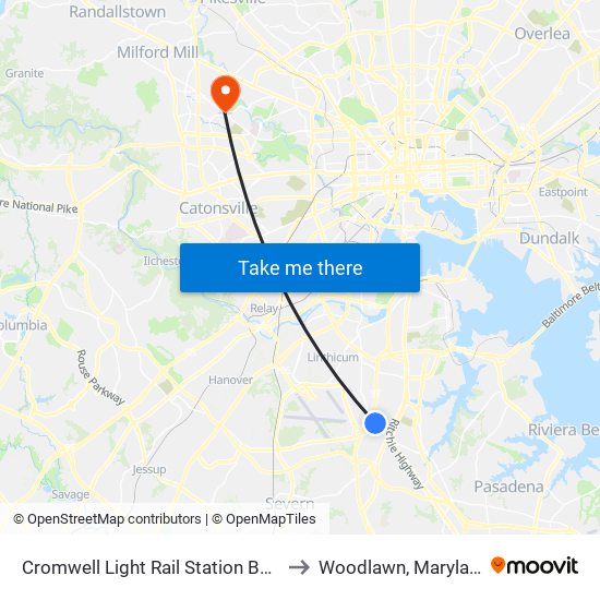 Cromwell Light Rail Station Bay 1 to Woodlawn, Maryland map