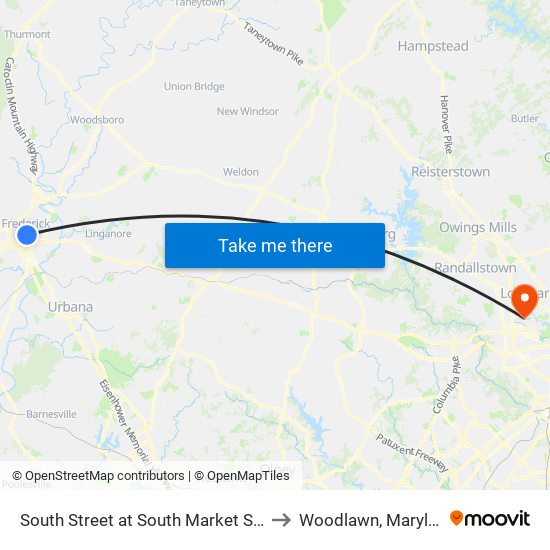 South Street at South Market Street to Woodlawn, Maryland map