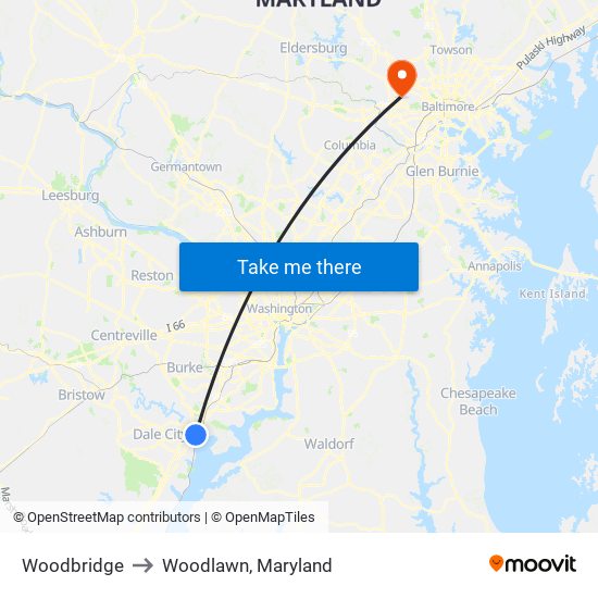 Woodbridge to Woodlawn, Maryland map