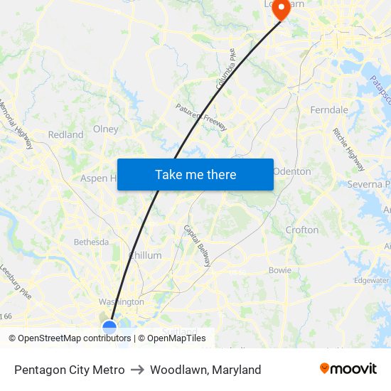 Pentagon City Metro to Woodlawn, Maryland map