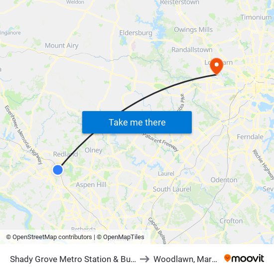 Shady Grove Metro Station & Bus Bay C to Woodlawn, Maryland map