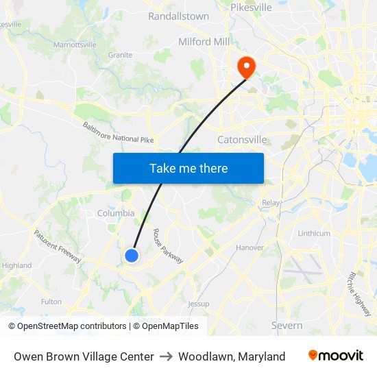 Owen Brown Village Center to Woodlawn, Maryland map