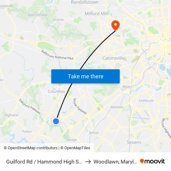 Guilford Rd / Hammond High School to Woodlawn, Maryland map