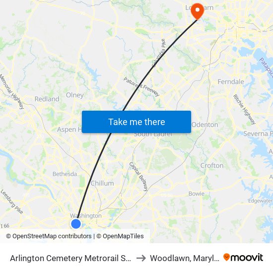 Arlington Cemetery  Metrorail Station to Woodlawn, Maryland map