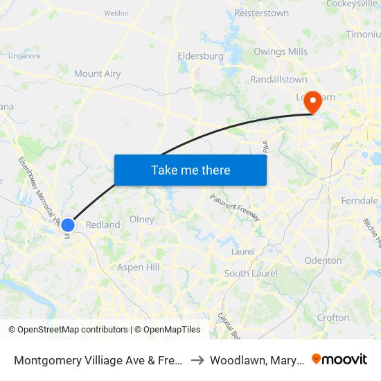 Montgomery Villiage Ave & Frederick to Woodlawn, Maryland map