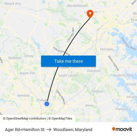 Ager Rd+Hamilton St to Woodlawn, Maryland map