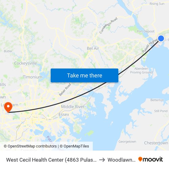 West Cecil Health Center (4863 Pulaski Hwy/Us 40 at Roundabout) to Woodlawn, Maryland map