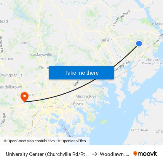 University Center (Churchville Rd/Rt 22 & Technology Dr) to Woodlawn, Maryland map