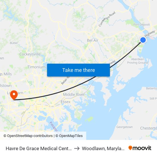 Havre De Grace Medical Center to Woodlawn, Maryland map