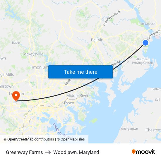 Greenway Farms to Woodlawn, Maryland map