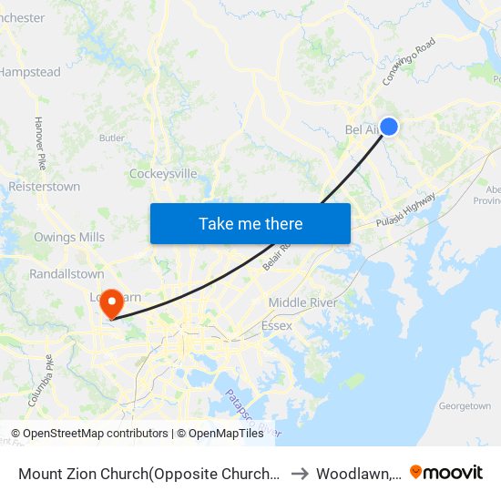 Mount Zion Church(Opposite Churchville Rd/Rt 22 & Andreas Dr) to Woodlawn, Maryland map