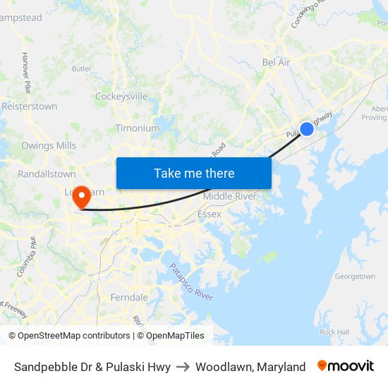 Sandpebble Dr & Pulaski Hwy to Woodlawn, Maryland map