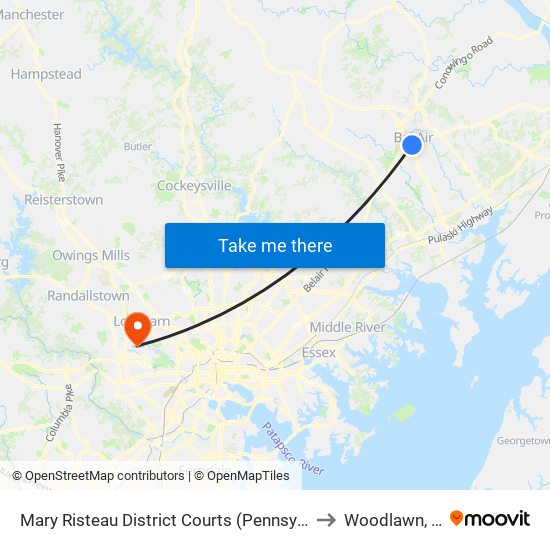 Mary Risteau District Courts (Pennsylvania Ave Near Bond St) to Woodlawn, Maryland map