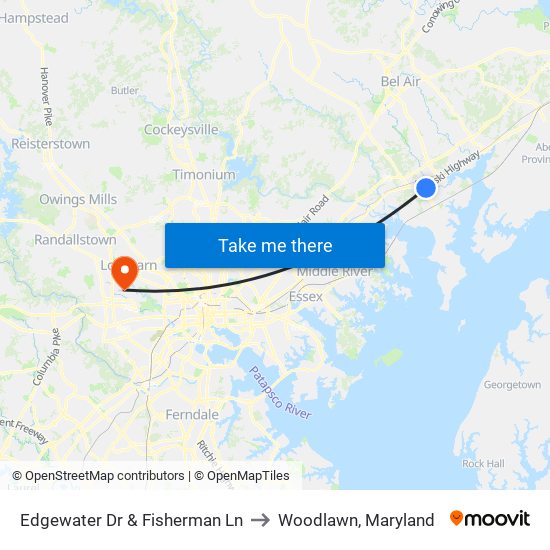 Edgewater Dr & Fisherman Ln to Woodlawn, Maryland map