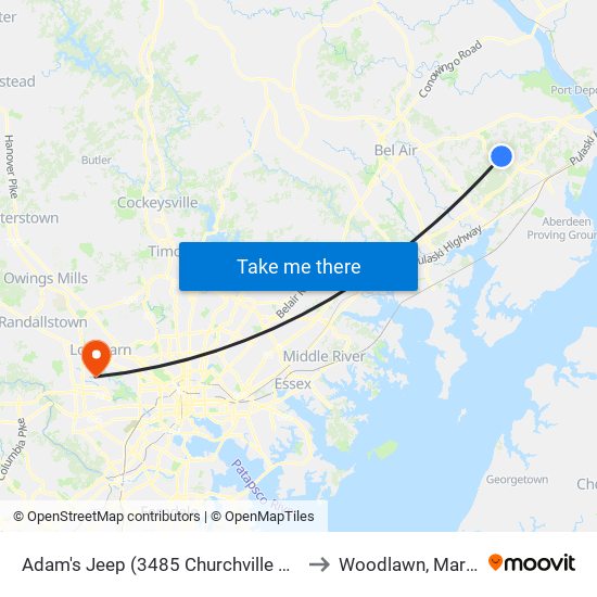 Adam's Jeep (3485 Churchville Rd/Rt 22) to Woodlawn, Maryland map