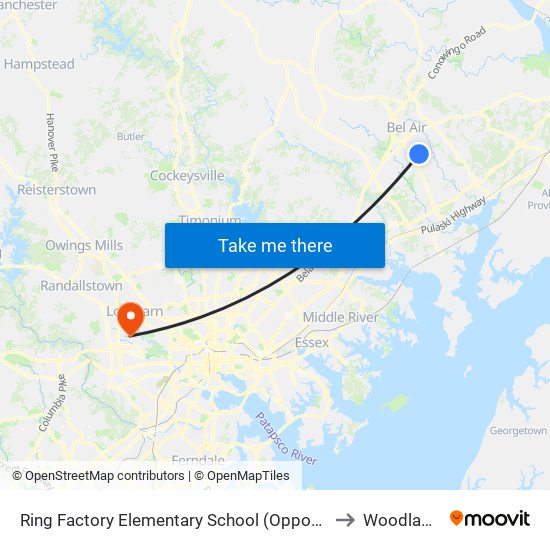 Ring Factory Elementary School (Opposite Emmorton Rd/Rt 924 & Lexington Rd) to Woodlawn, Maryland map