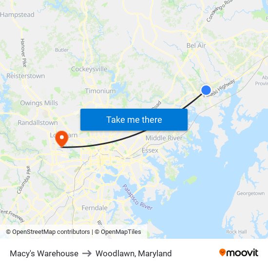 Macy's Warehouse to Woodlawn, Maryland map