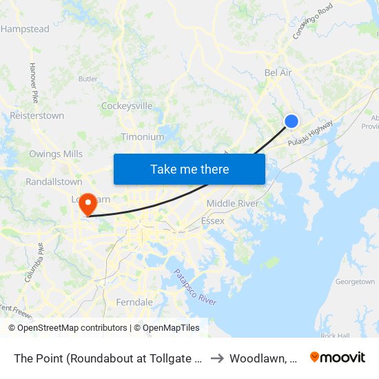 The Point (Roundabout at Tollgate Rd & Westover Ln) to Woodlawn, Maryland map