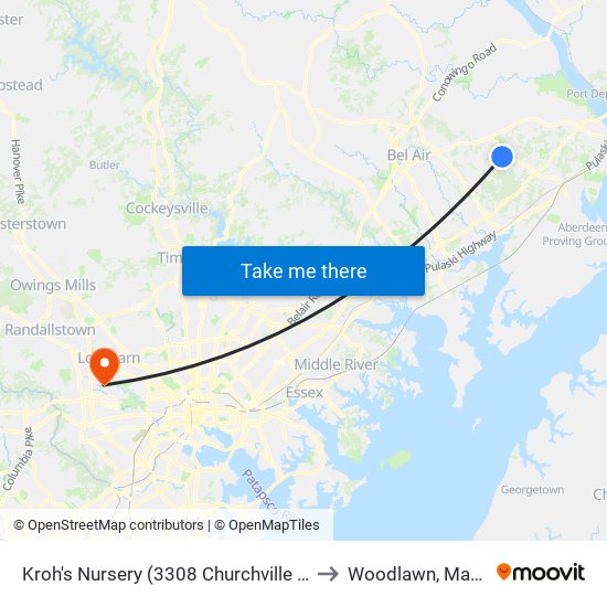 Kroh's Nursery  (3308 Churchville Rd/Rt 22) to Woodlawn, Maryland map