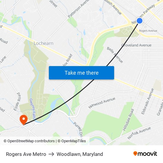 Rogers Ave Metro to Woodlawn, Maryland map
