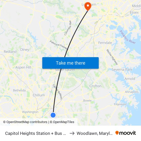 Capitol Heights Station + Bus Bay B to Woodlawn, Maryland map