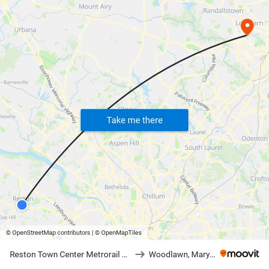 Reston Town Center Metrorail Station to Woodlawn, Maryland map