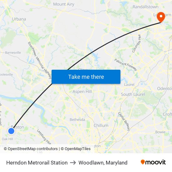Herndon Metrorail Station to Woodlawn, Maryland map