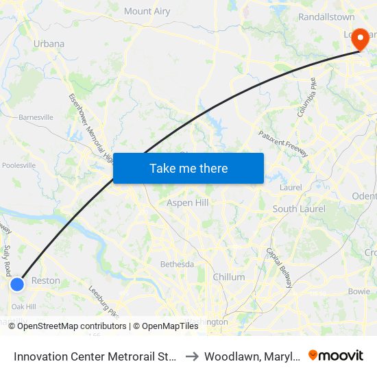 Innovation Center Metrorail Station to Woodlawn, Maryland map